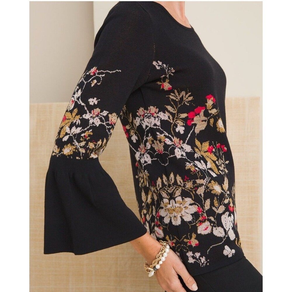 Chico’s Black Floral Jacquard Bell Sleeve Sweater Women’s Size Medium (8/10)‎